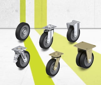 SE wheel and castor series with elastic solid rubber tyres