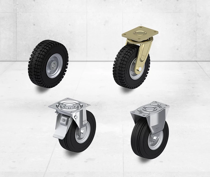 Wheels and castors with super-elastic solid rubber tyres